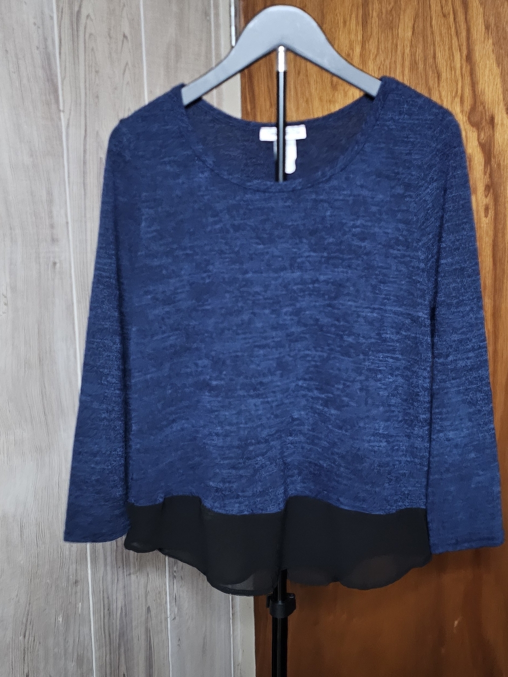 Carol Rose Navy Blue Sweater with Black Layered Chiffon Hem Petite